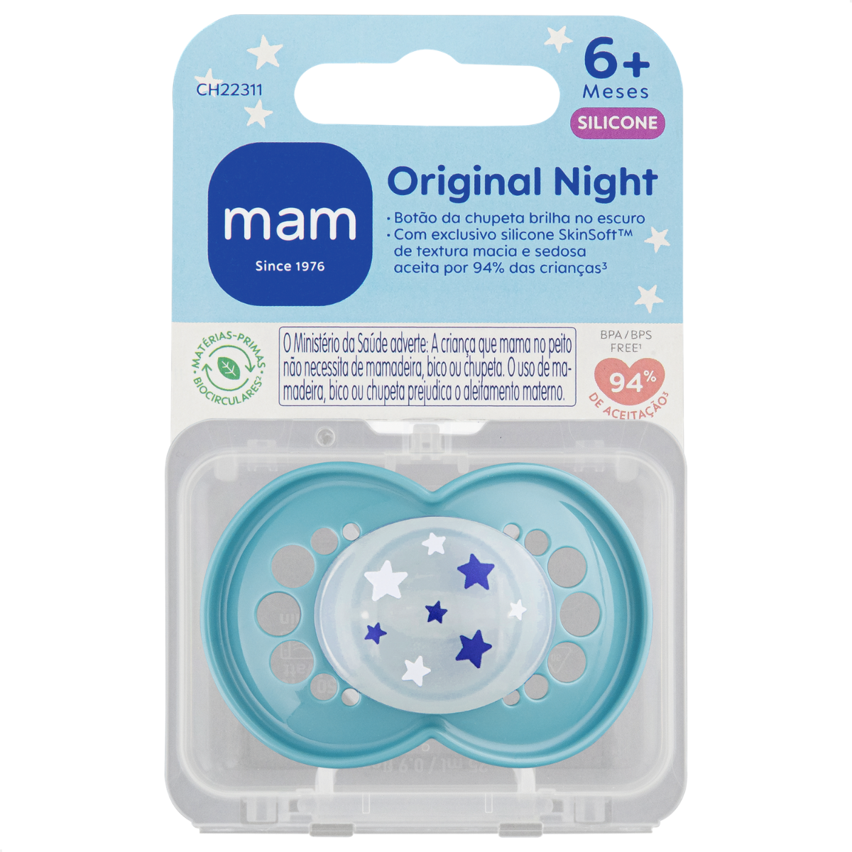 Chupeta MAM Original Night 6+ Meses Azul com Botão Brilha no Escuro e Caixa Esterilizadora