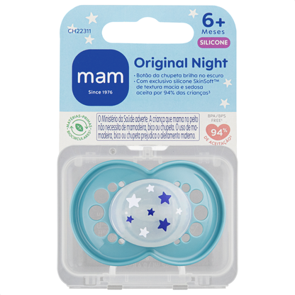 Chupeta MAM Original Night 6+ Meses Azul com Botão Brilha no Escuro e Caixa Esterilizadora