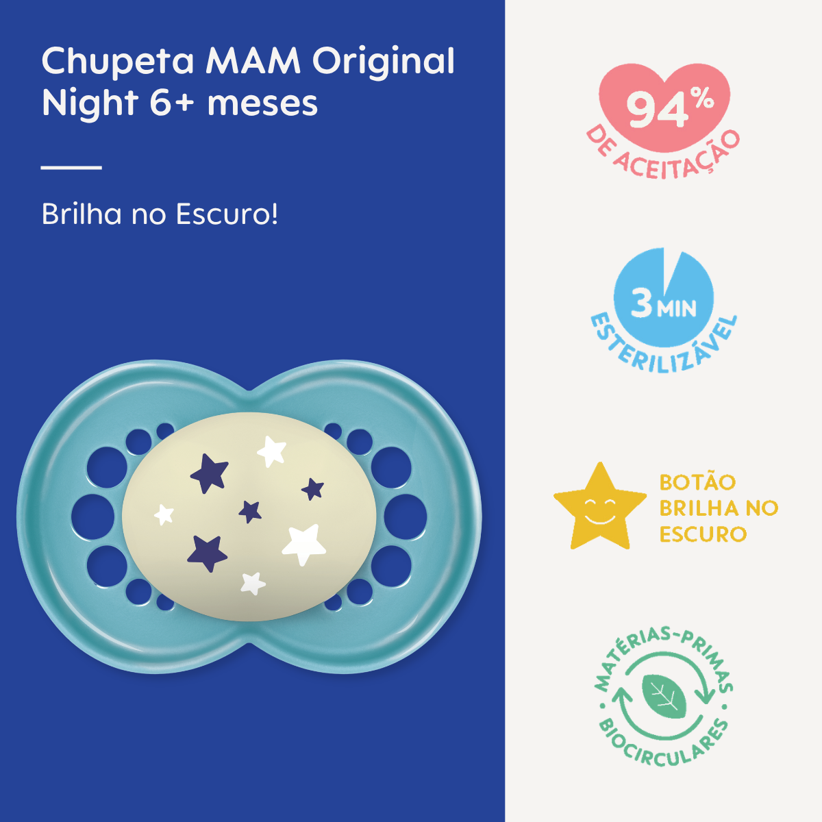 Chupeta MAM Original Night 6+ Meses Azul com Botão Brilha no Escuro e Caixa Esterilizadora
