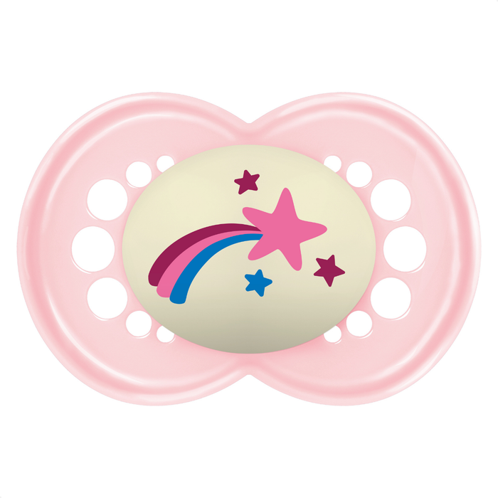 Chupeta MAM Original Night 6+ Meses Rosa com Botão Brilha no Escuro e Caixa Esterilizadora