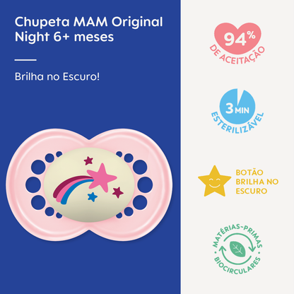 Chupeta MAM Original Night 6+ Meses Rosa com Botão Brilha no Escuro e Caixa Esterilizadora