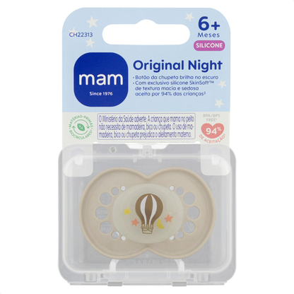 Chupeta MAM Original Night 6+ Meses Neutra com Botão Brilha no Escuro e Caixa Esterilizadora