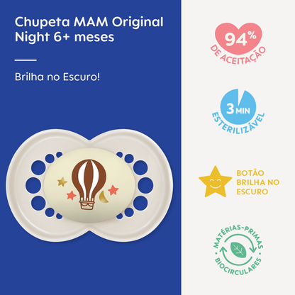 Chupeta MAM Original Night 6+ Meses Neutra com Botão Brilha no Escuro e Caixa Esterilizadora