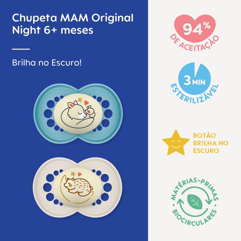Chupeta MAM Original Night 6+ Meses com Botão Brilha no Escuro e Caixa Esterilizadora Embalagem Dupla
