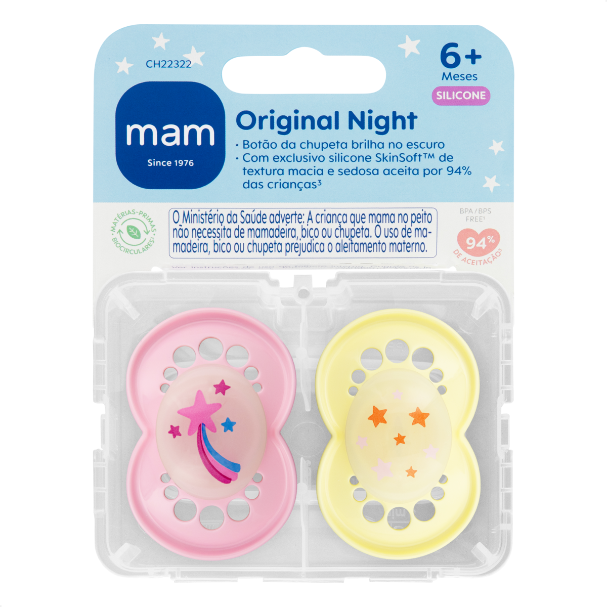 Chupeta MAM Original Night 6+ Meses com Botão Brilha no Escuro e Caixa Esterilizadora Embalagem Dupla