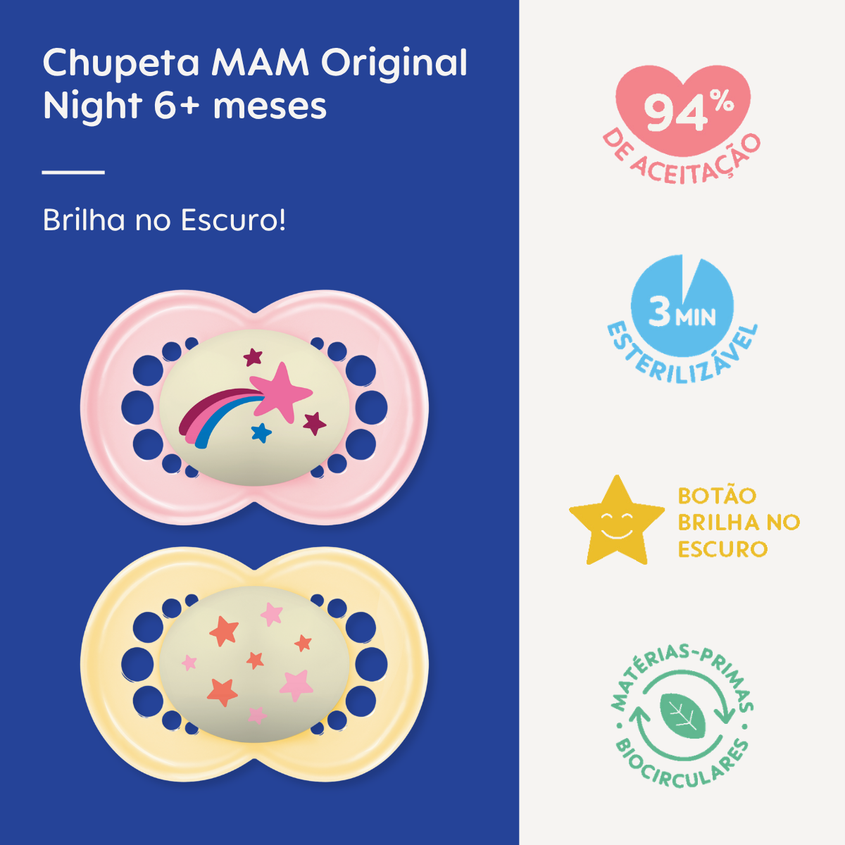 Chupeta MAM Original Night 6+ Meses com Botão Brilha no Escuro e Caixa Esterilizadora Embalagem Dupla