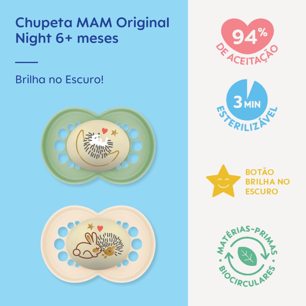 Chupeta MAM Original Night 6+ Meses com Botão Brilha no Escuro e Caixa Esterilizadora Embalagem Dupla