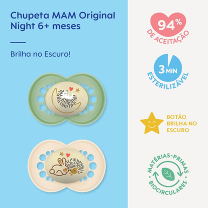 Chupeta MAM Original Night 6+ Meses com Botão Brilha no Escuro e Caixa Esterilizadora Embalagem Dupla