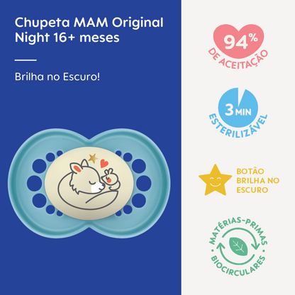 Chupeta MAM Original Night 16+ Meses Azul com Botão Brilha no Escuro e Caixa Esterilizadora
