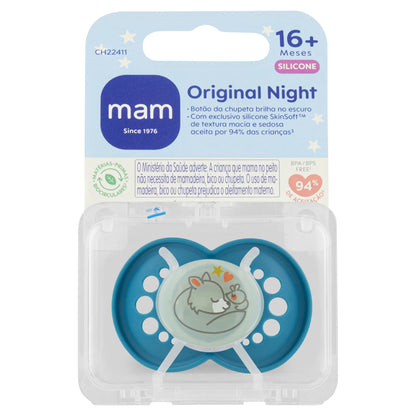 Chupeta MAM Original Night 16+ Meses Azul com Botão Brilha no Escuro e Caixa Esterilizadora