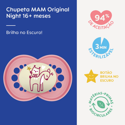 Chupeta MAM Original Night 16+ Meses Rosa com Botão Brilha no Escuro e Caixa Esterilizadora