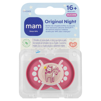Chupeta MAM Original Night 16+ Meses Rosa com Botão Brilha no Escuro e Caixa Esterilizadora