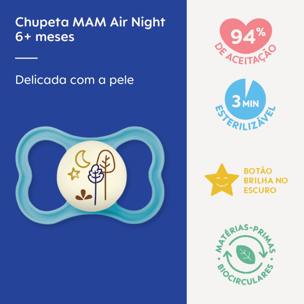 Chupeta MAM Air Night 6+ Meses Azul com Botão Brilha no Escuro e Caixa Esterilizadora