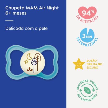 Chupeta MAM Air Night 6+ Meses Azul com Botão Brilha no Escuro e Caixa Esterilizadora