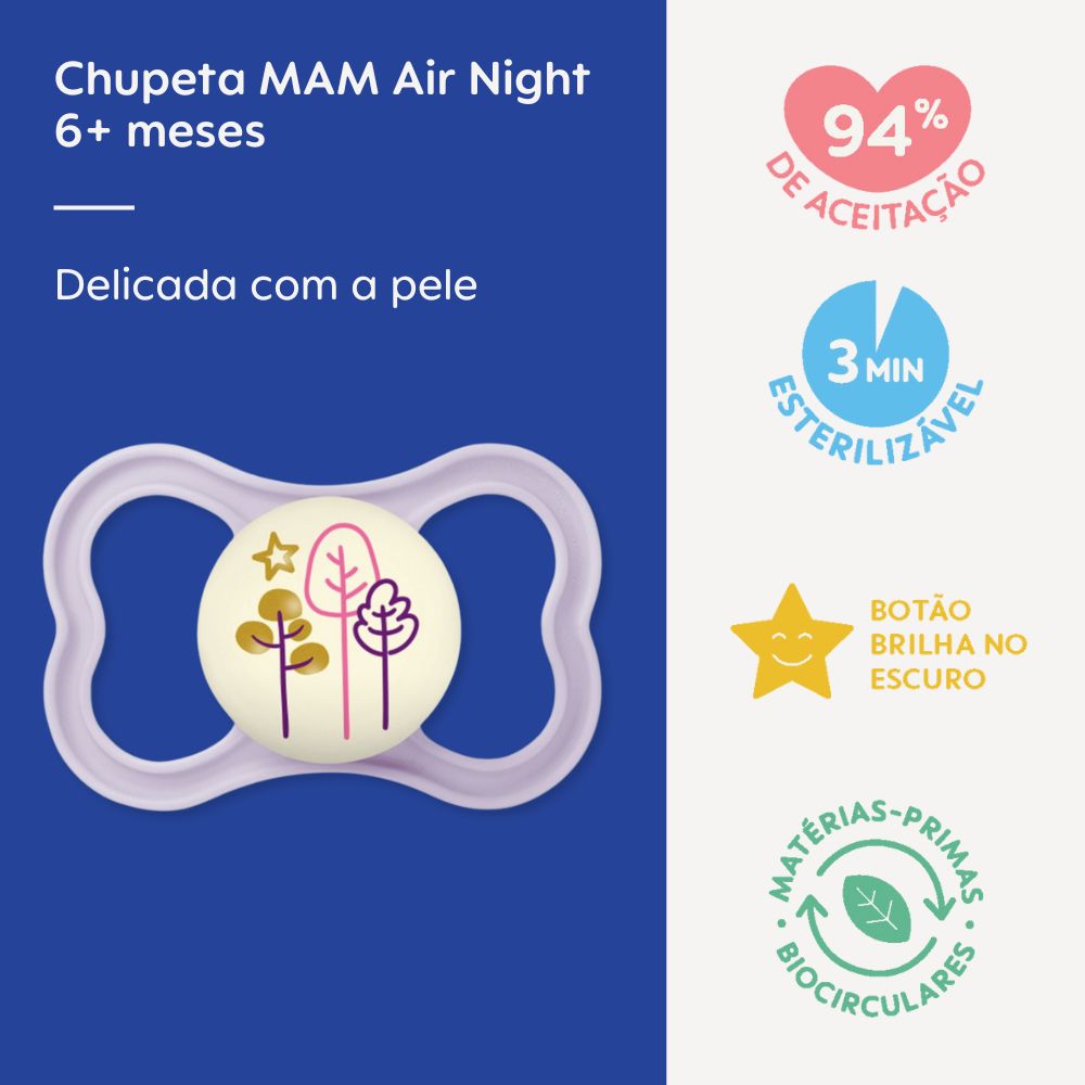 Chupeta MAM Air Night 6+ Meses Lilás com Botão Brilha no Escuro e Caixa Esterilizadora