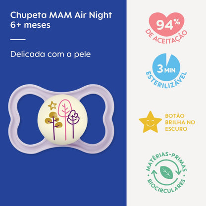 Chupeta MAM Air Night 6+ Meses Lilás com Botão Brilha no Escuro e Caixa Esterilizadora