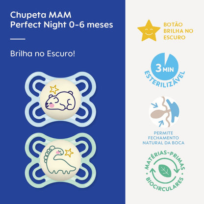 Chupeta MAM Perfect Night 0-6 Meses com Botão Brilha no Escuro e Caixa Esterilizadora Embalagem Dupla