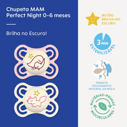 Chupeta MAM Perfect Night 0-6 Meses com Botão Brilha no Escuro e Caixa Esterilizadora Embalagem Dupla
