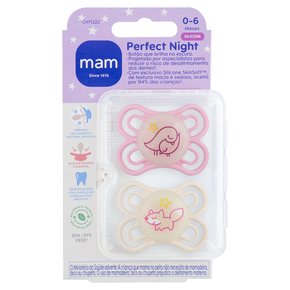 Chupeta MAM Perfect Night 0-6 Meses com Botão Brilha no Escuro e Caixa Esterilizadora Embalagem Dupla