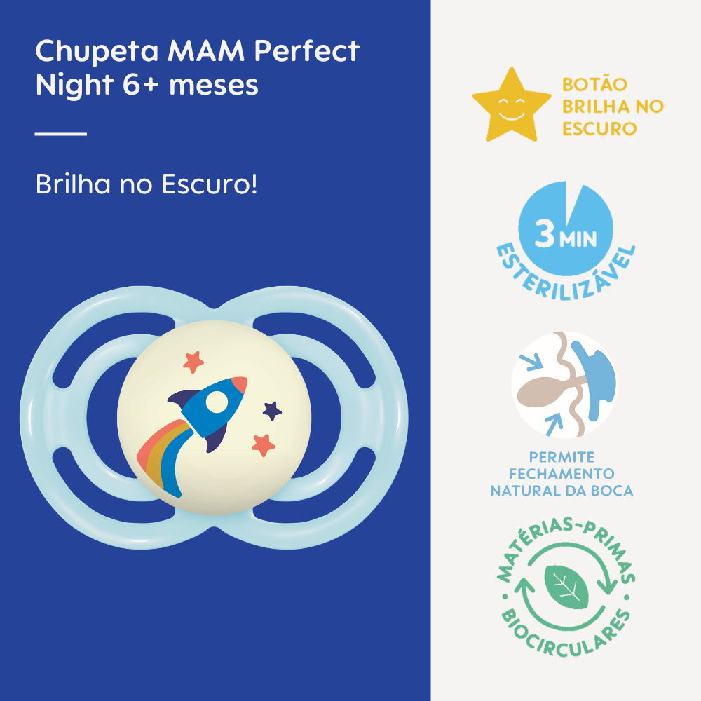 Chupeta MAM Perfect Night 6+ Meses Azul com Botão Brilha no Escuro e Caixa Esterilizadora