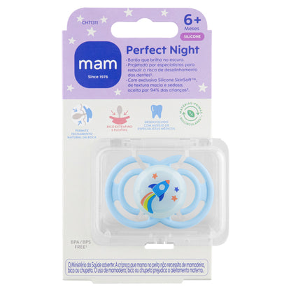 Chupeta MAM Perfect Night 6+ Meses Azul com Botão Brilha no Escuro e Caixa Esterilizadora