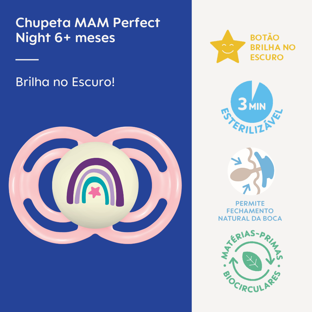 Chupeta MAM Perfect Night 6+ Meses Rosa com Botão Brilha no Escuro e Caixa Esterilizadora