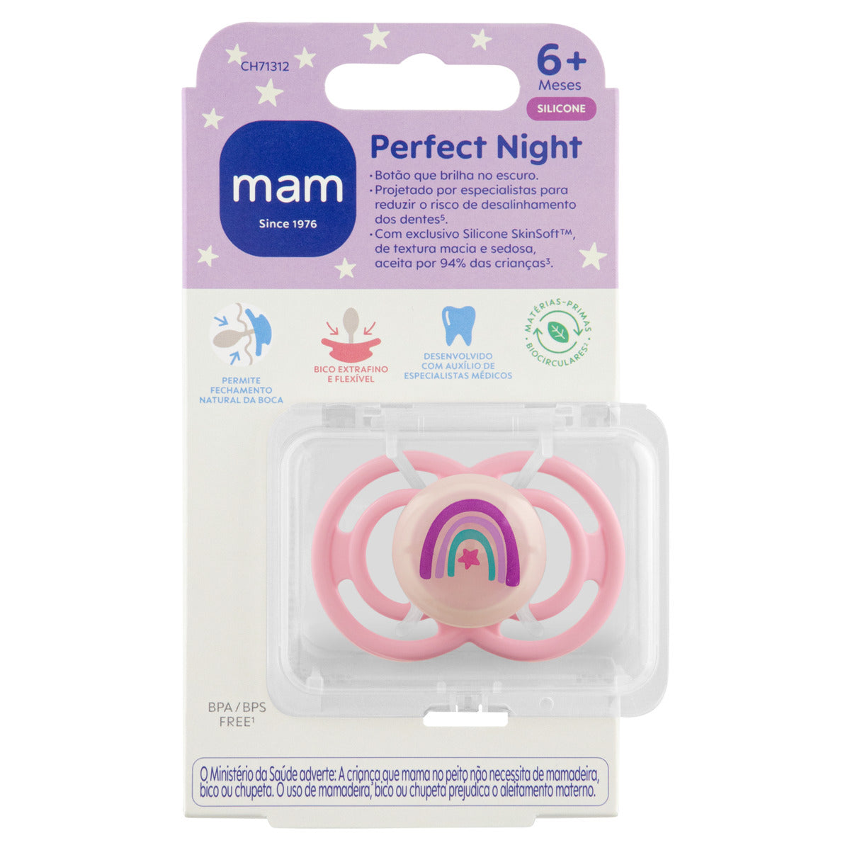 Chupeta MAM Perfect Night 6+ Meses Rosa com Botão Brilha no Escuro e Caixa Esterilizadora