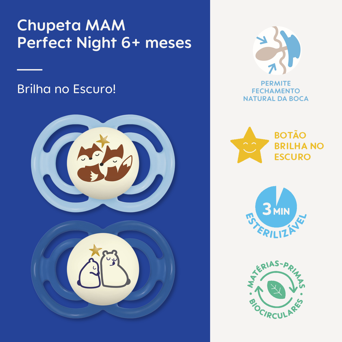 Chupeta MAM Perfect Night 6+ Meses com Botão Brilha no Escuro e Caixa Esterilizadora Embalagem Dupla