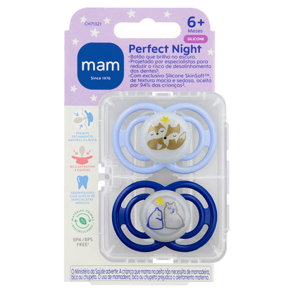 Chupeta MAM Perfect Night 6+ Meses com Botão Brilha no Escuro e Caixa Esterilizadora Embalagem Dupla