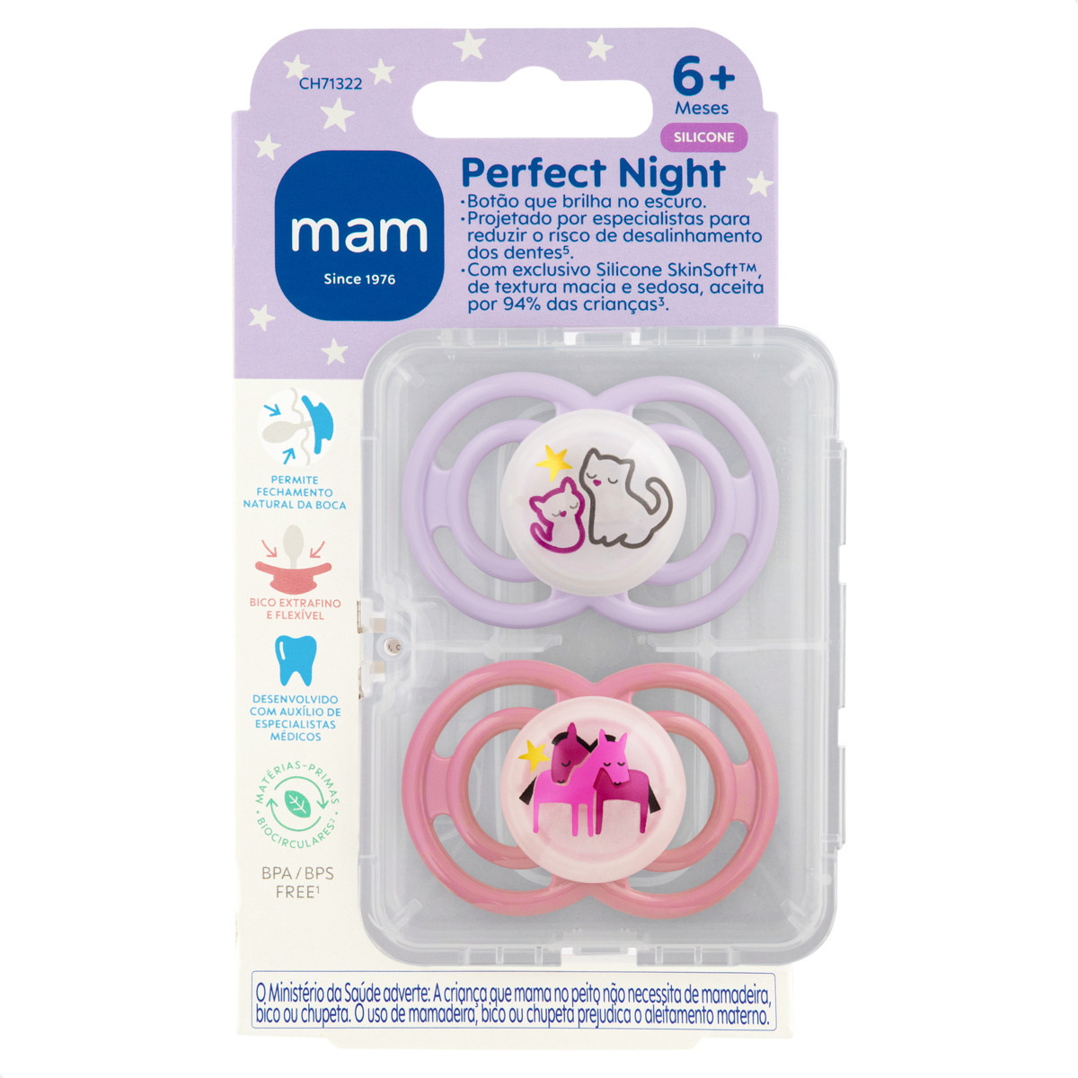 Chupeta MAM Perfect Night 6+ Meses com Botão Brilha no Escuro e Caixa Esterilizadora Embalagem Dupla