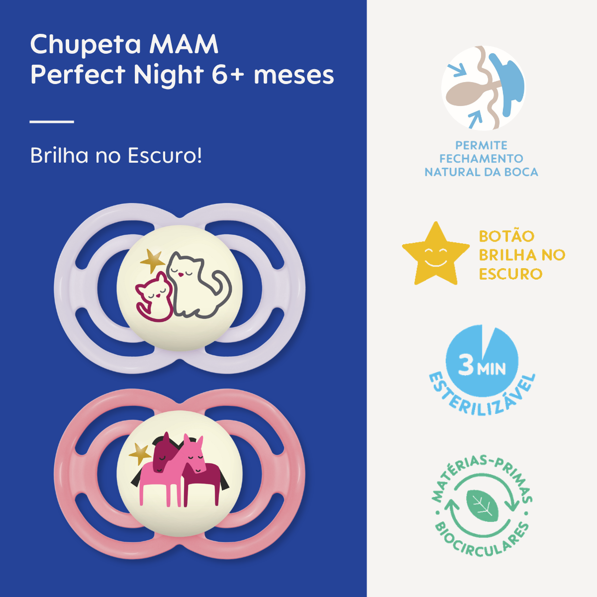 Chupeta MAM Perfect Night 6+ Meses com Botão Brilha no Escuro e Caixa Esterilizadora Embalagem Dupla