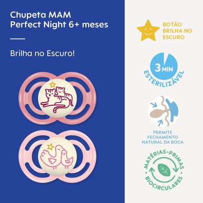 Chupeta MAM Perfect Night 6+ Meses com Botão Brilha no Escuro e Caixa Esterilizadora Embalagem Dupla
