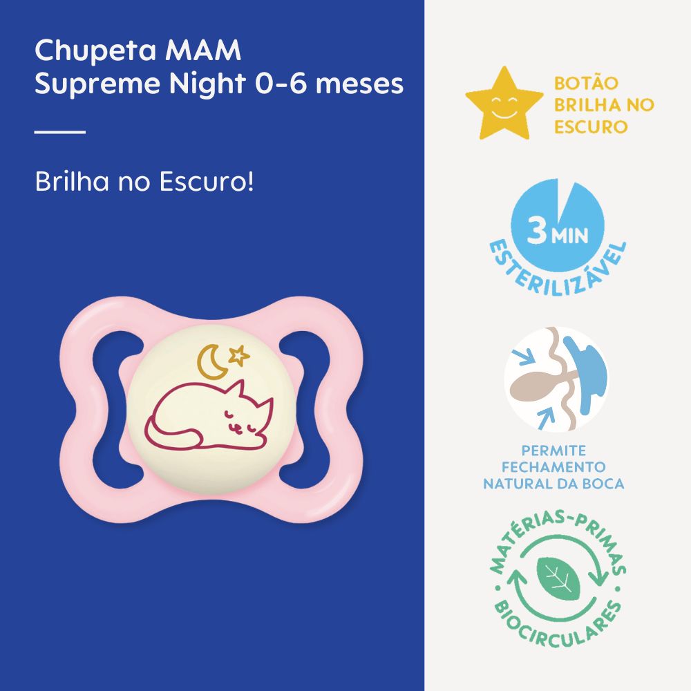 Chupeta MAM Supreme Night 0-6 Meses Rosa com Caixa Esterilizadora