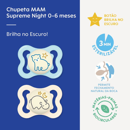 Chupeta MAM Supreme Night 0-6 Meses com Botão Brilha no Escuro e Caixa Esterilizadora Embalagem Dupla