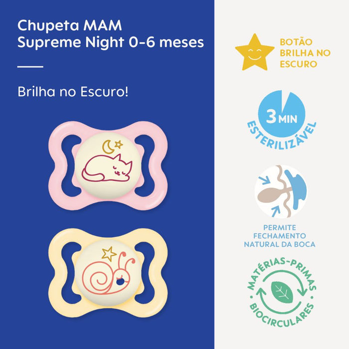 Chupeta MAM Supreme Night 0-6 Meses com Botão Brilha no Escuro e Caixa Esterilizadora Embalagem Dupla