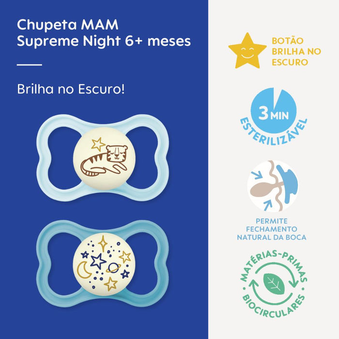 Chupeta MAM Supreme Night 6+ Meses com Botão Brilha no Escuro e Caixa Esterilizadora Embalagem Dupla