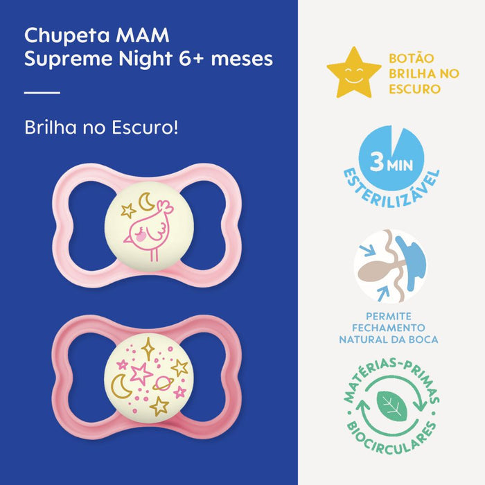 Chupeta MAM Supreme Night 6+ Meses com Botão Brilha no Escuro e Caixa Esterilizadora Embalagem Dupla