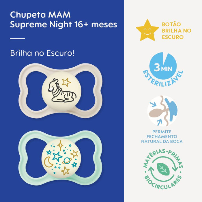 Chupeta MAM Supreme Night 16+ Meses com Botão Brilha no Escuro e Caixa Esterilizadora Embalagem Dupla