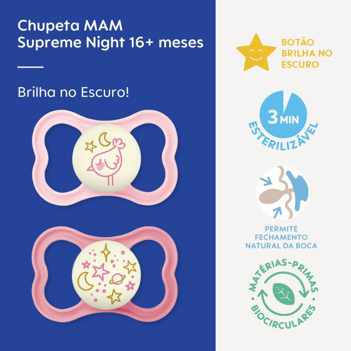 Chupeta MAM Supreme Night 16+ Meses com Botão Brilha no Escuro e Caixa Esterilizadora Embalagem Dupla