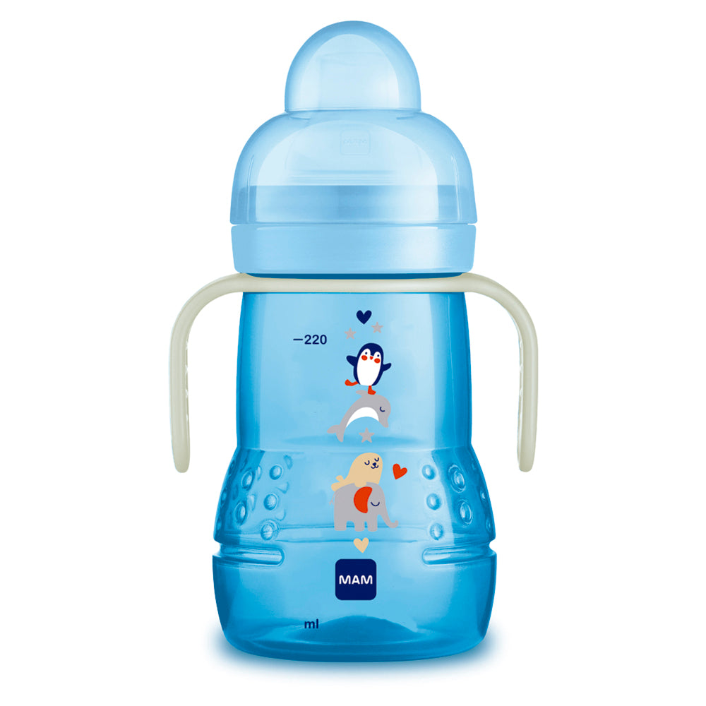 Copo de Transição MAM Trainer+ Night 220ml Brilha no Escuro 4+ Meses Azul