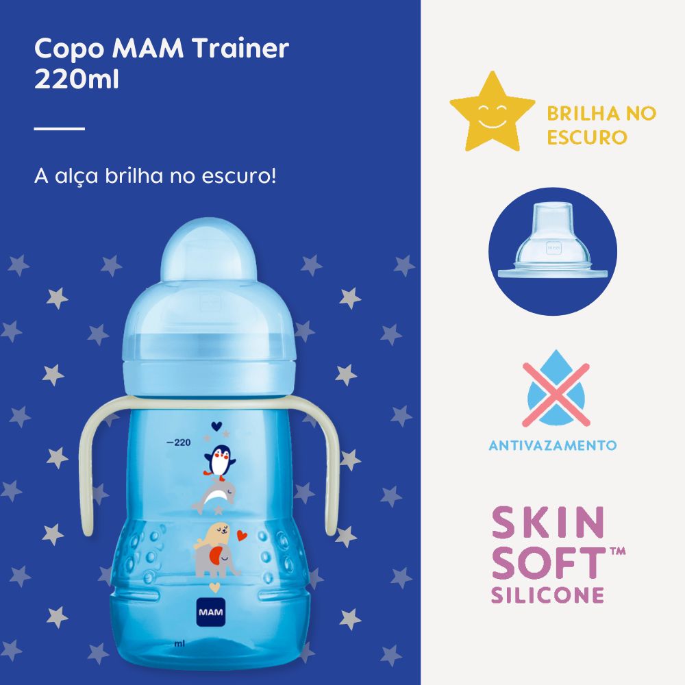 Copo de Transição MAM Trainer+ Night 220ml Brilha no Escuro 4+ Meses Azul