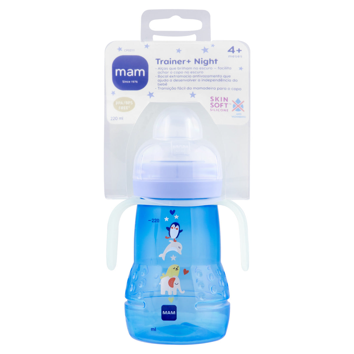 Copo de Transição MAM Trainer+ Night 220ml Brilha no Escuro 4+ Meses Azul