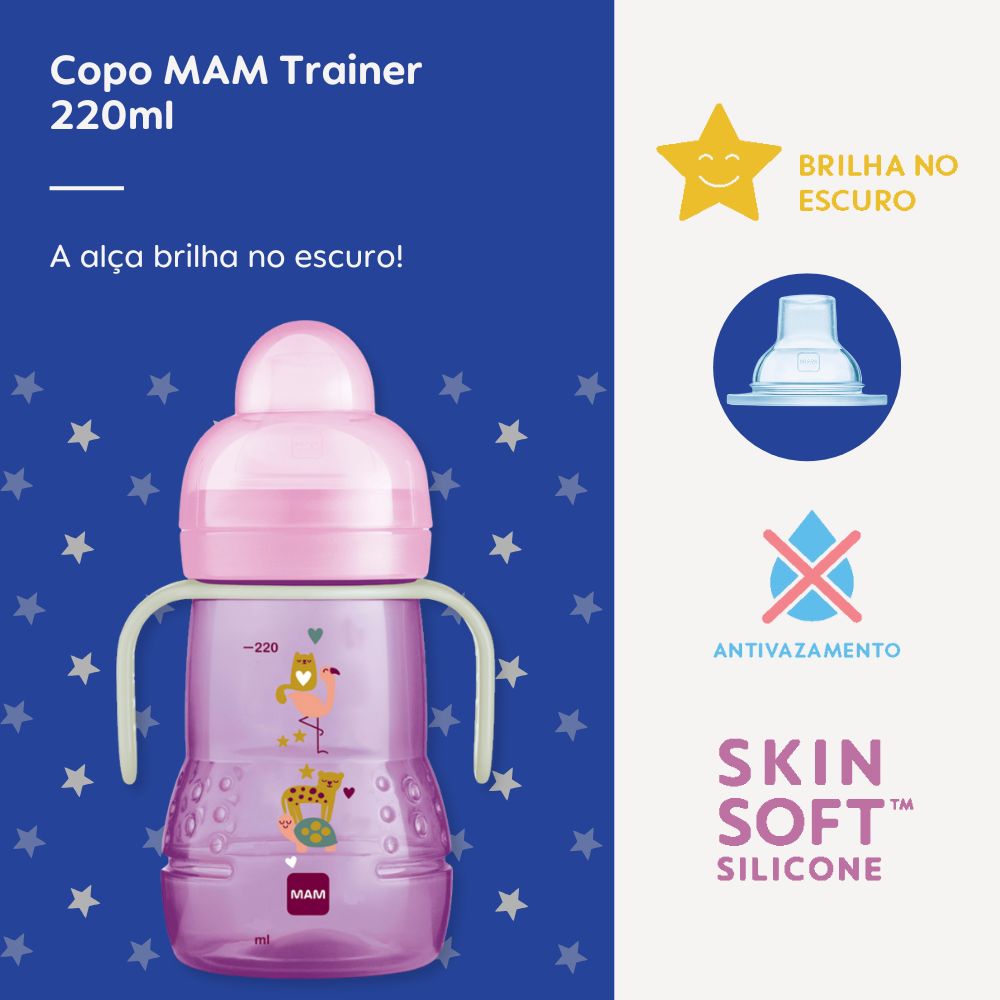Copo de Transição MAM Trainer+ Night 220ml Brilha no Escuro 4+ Meses Rosa