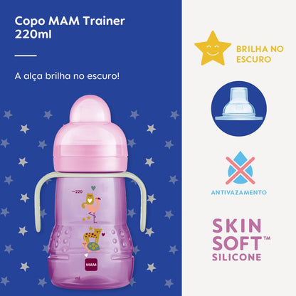 Copo de Transição MAM Trainer+ Night 220ml Brilha no Escuro 4+ Meses Rosa
