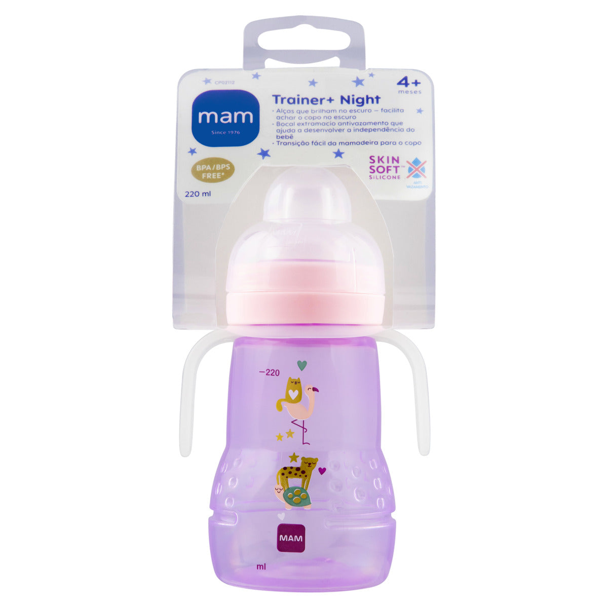 Copo de Transição MAM Trainer+ Night 220ml Brilha no Escuro 4+ Meses Rosa