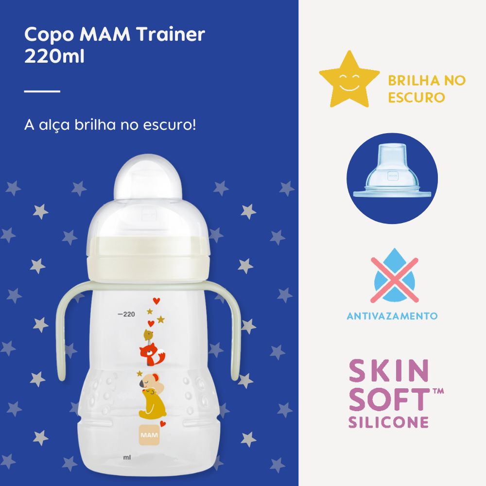 Copo de Transição MAM Trainer+ Night 220ml Brilha no Escuro 4+ Meses Neutro