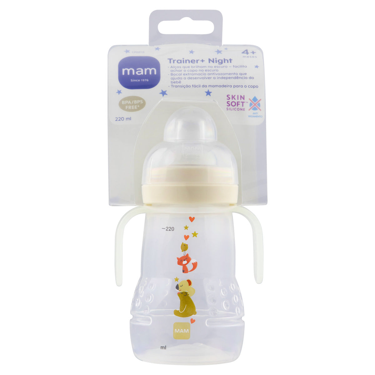 Copo de Transição MAM Trainer+ Night 220ml Brilha no Escuro 4+ Meses Neutro