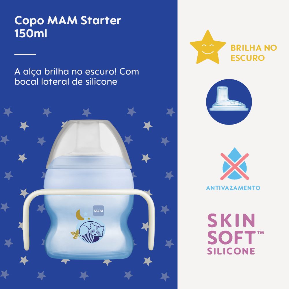 Copo de Transição MAM Starter Cup Night 150ml Brilha no Escuro 4+ Meses Azul