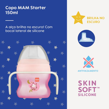 Copo de Transição MAM Starter Cup Night 150ml Brilha no Escuro 4+ Meses Rosa