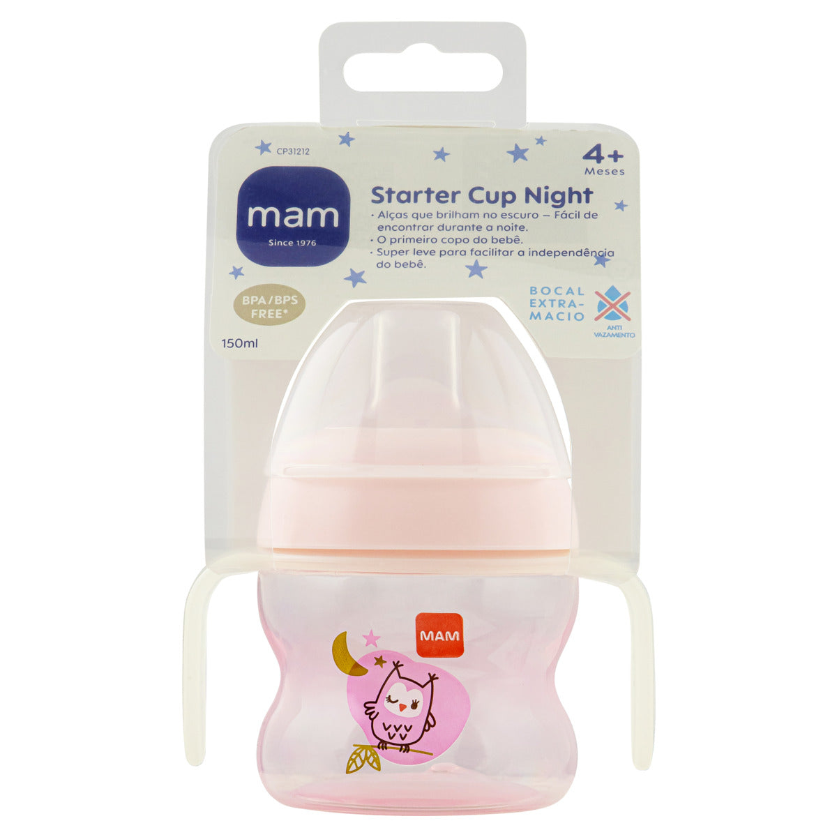Copo de Transição MAM Starter Cup Night 150ml Brilha no Escuro 4+ Meses Rosa